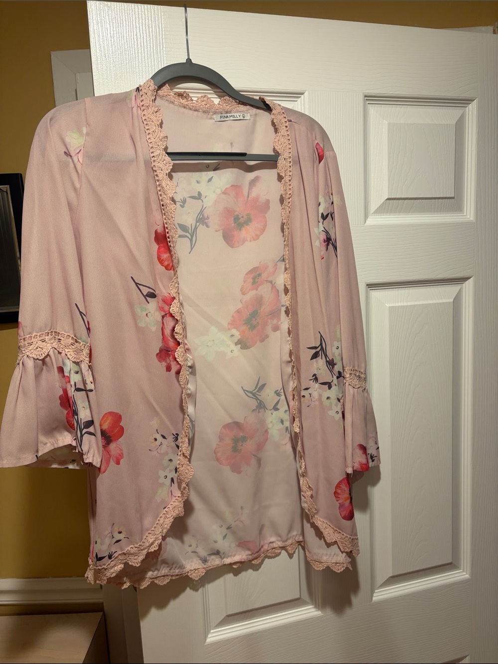 Pink Floral Lace-Trim Kimono Cardigan by Unknown Brand